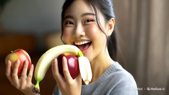 Young Woman Joyfully Eating Fruit in Bright Setting – AI Generated Video | Hailuo AI