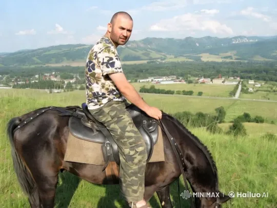 Camouflaged Rider on a Lush Hill with Valley and Mountains – AI Generated Video | Hailuo AI