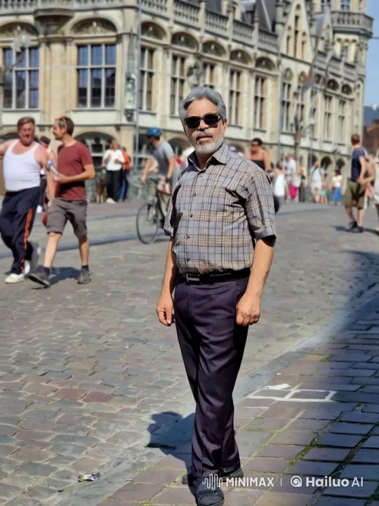 Man in Plaid Amidst Bustling Historic Street Scene – AI Generated Video | Hailuo AI