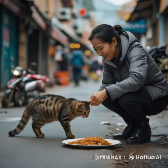 Hungry Cat Finds Compassionate Help Amidst Busy Street – AI Generated Video | Hailuo AI