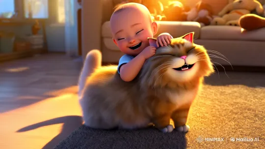 Baby and Cat Share Tender Moment in Cozy Living Room – AI Generated Video | Hailuo AI