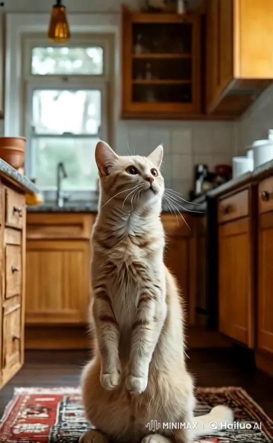 Cat in a Cozy Kitchen: Aesthetic Close-Up – AI Generated Video | Hailuo AI