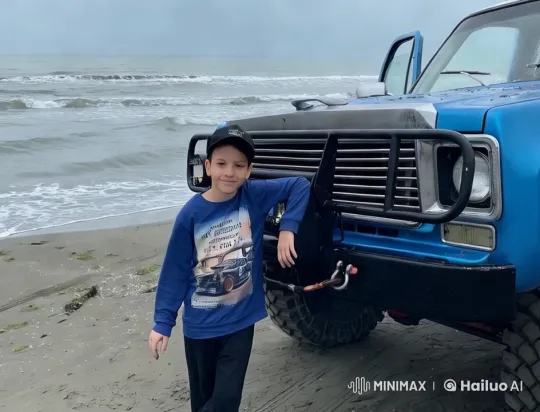 Boy Poses confidently leaning against a classic blue pickup truck – AI Generated Video | Hailuo AI
