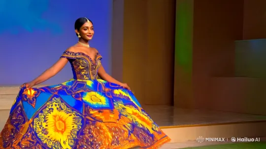 Woman's Vibrant Dress Mirrors Underwater Tropical Fish Scene – AI Generated Video | Hailuo AI