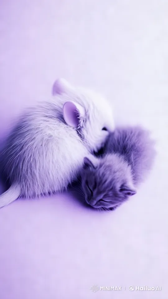 Harmonious Play of White Mouse and Purple Kitten – AI Generated Video | Hailuo AI