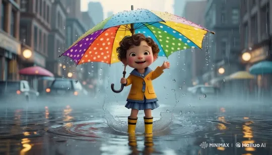 Joyful Child Jumps in Rain with Colorful Umbrella – AI Generated Video | Hailuo AI