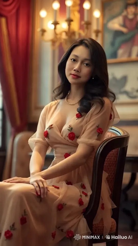 Elegant Woman in Luxurious Room with Embroidered Dress – AI Generated Video | Hailuo AI