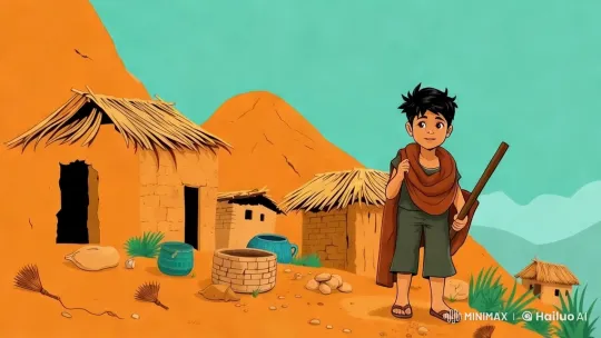 Young Boy Cleans Rustic Village Amidst Orange Hills – AI Generated Video | Hailuo AI