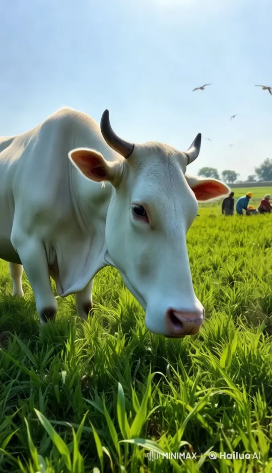 Pastoral Scene: Grazing Cow in Lush Field – AI Generated Video | Hailuo AI