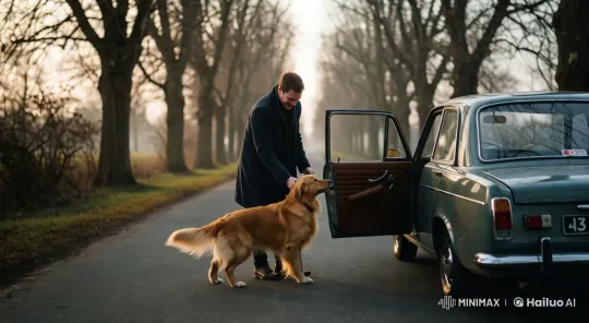 Man Departing, Golden Retriever Watching on Quiet Road – AI Generated Video | Hailuo AI