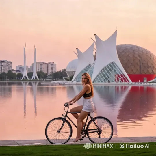 Woman Biking by Serene Waterfront at Dusk – AI Generated Video | Hailuo AI