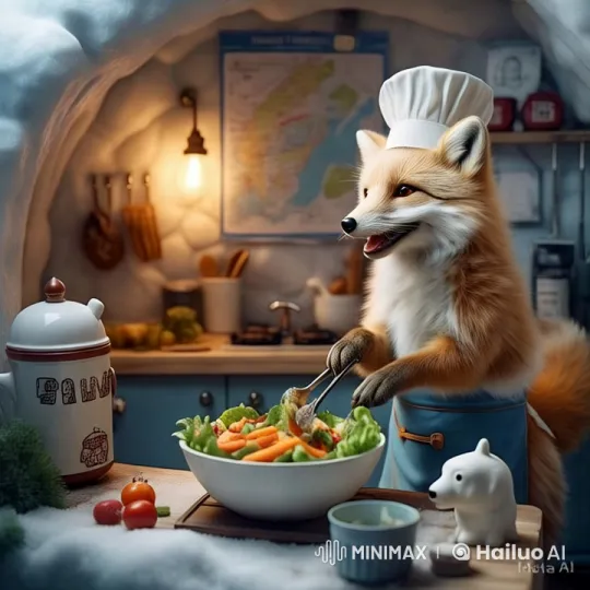 Ice Kitchen: Fox Chef Prepares Salad in Cozy Setting – AI Generated Video | Hailuo AI