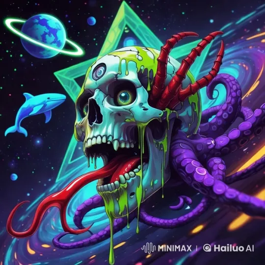 Surreal Skull with Grotesque Features in Vivid, Cosmic Setting – AI Generated Video | Hailuo AI