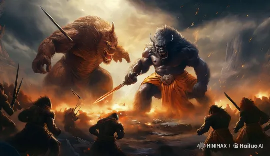 Giant Gorilla Battles Beast Amidst Fiery Sky – AI Generated Video | Hailuo AI