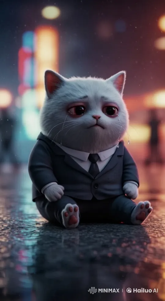 Crying White Cat in Neon City: A Sad Melody – AI Generated Video | Hailuo AI