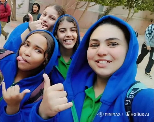 Joyful Group in Blue Hoodies and Green Shirts, Engaging in Hand Gestures – AI Generated Video | Hailuo AI
