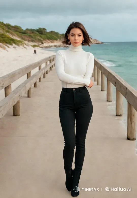 Woman Walks on Pier with Coastal Scenery – AI Generated Video | Hailuo AI