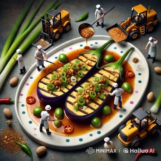 Miniature Chefs Craft Artistic Grilled Eggplant Dish – AI Generated Video | Hailuo AI