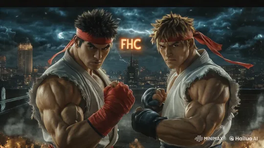 Ryu vs. Ken: Intense 8K Pre-Battle Showdown on Rooftop Dojo – AI Generated Video | Hailuo AI