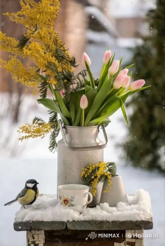 Winter Serenity: Floral Tabletop with Bird and Snowfall – AI Generated Video | Hailuo AI
