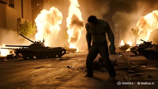 Hulk Transforms Amidst Post-Battle Ruins, Surveying Destruction – AI Generated Video | Hailuo AI