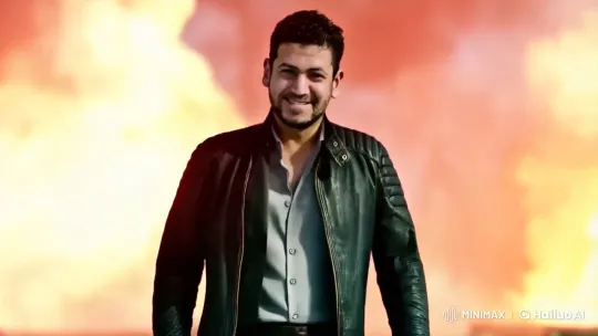 Man in Leather Jacket Walks Confidently Amidst Explosion – AI Generated Video | Hailuo AI