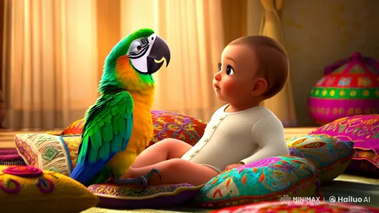 Baby and Parrot Share Spiritual Moment in Sunlit Room – AI Generated Video | Hailuo AI