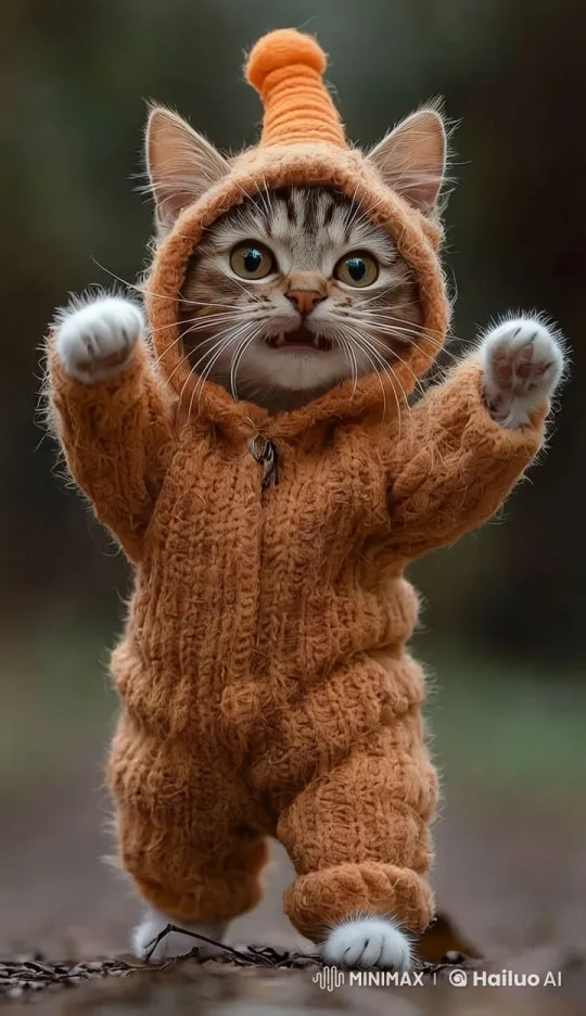 Energetic Kitten in Orange Onesie Dancing – AI Generated Video | Hailuo AI