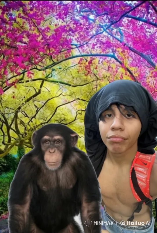 Human and Chimpanzee Share Tender Moment in Colorful Garden – AI Generated Video | Hailuo AI
