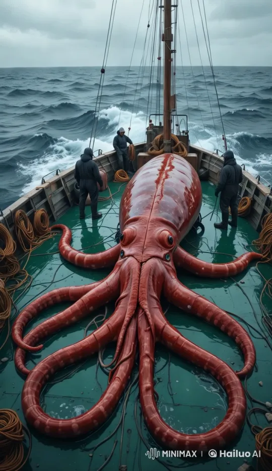 Squid Creature on Fishing Boat in Rough Seas – AI Generated Video | Hailuo AI