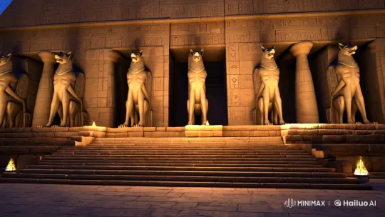 Mystical Grandeur: Egyptian Temple Entrance Exploration – AI Generated Video | Hailuo AI