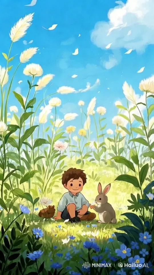 Boy and Rabbit Bond in Peaceful Rural Serenity – AI Generated Video | Hailuo AI