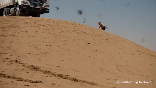 Woman Surfs Sand Mound in Dynamic Tracking Shot – AI Generated Video | Hailuo AI