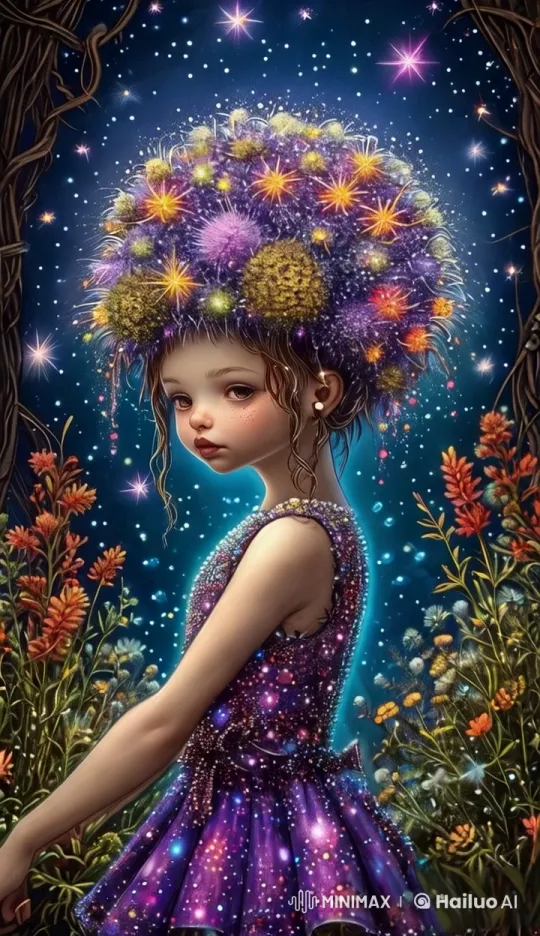 Magical Girl in Starry Night with Glowing Dress – AI Generated Video | Hailuo AI
