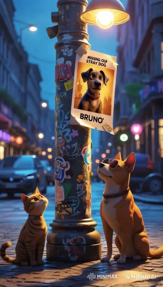Cat and Dog Ponder 'Missing Old Stray Dog' Poster on City Street – AI Generated Video | Hailuo AI