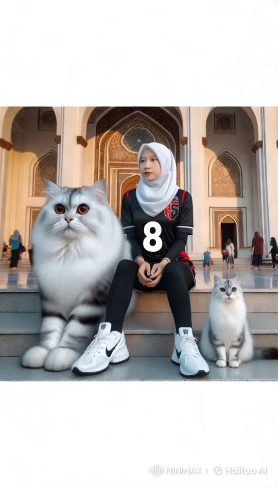 Young Girl and Cats at Grand Mosque Captured by Red Cat 6K – AI Generated Video | Hailuo AI