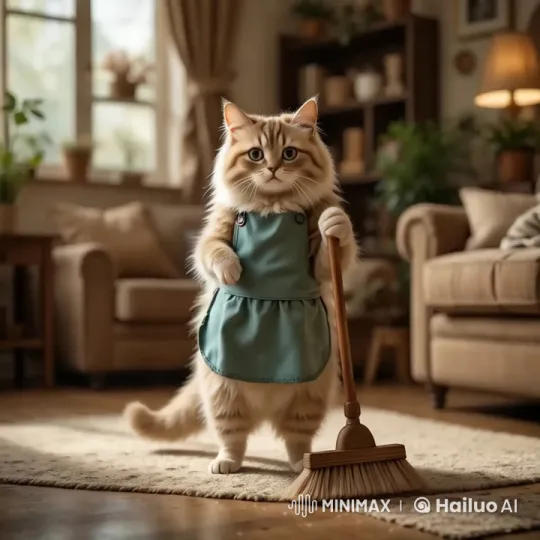 Cat in Apron Charming Cleaning Scene – AI Generated Video | Hailuo AI