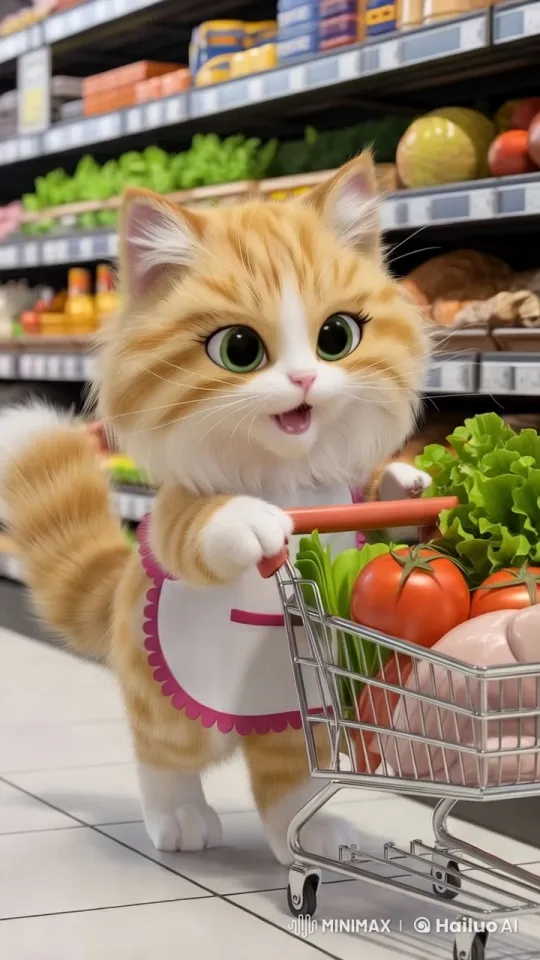 Orange Cat Shopping for Groceries with Focus – AI Generated Video | Hailuo AI