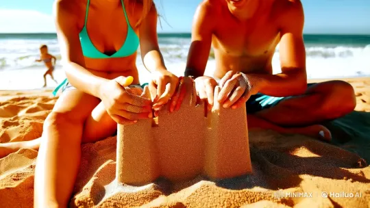 Couple Crafts Sandcastle on Golden Beach – AI Generated Video | Hailuo AI