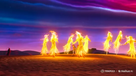 Fire Spirits Dance with Adventurers in Sunset's Warmth – AI Generated Video | Hailuo AI