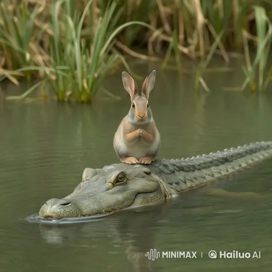 Rabbit Clings to Swimming Crocodile in Serene Waters – AI Generated Video | Hailuo AI