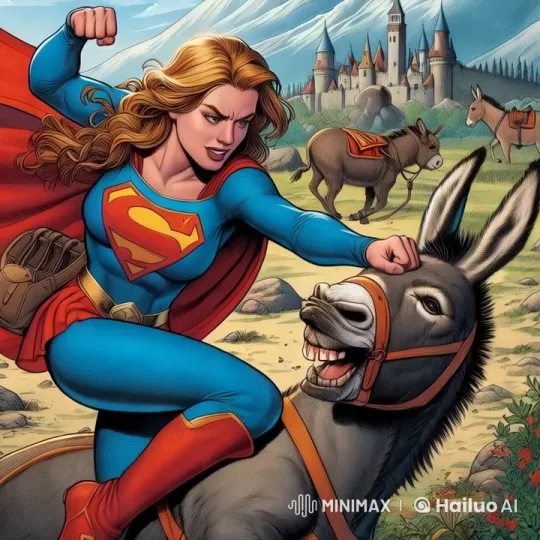 Supergirl Punches a Donkey in a Vibrant Fantasy Scene – AI Generated Video | Hailuo AI