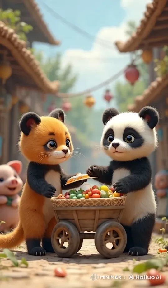 Village Street Market: Cat, Pig, and Pandas Exchange Items – AI Generated Video | Hailuo AI