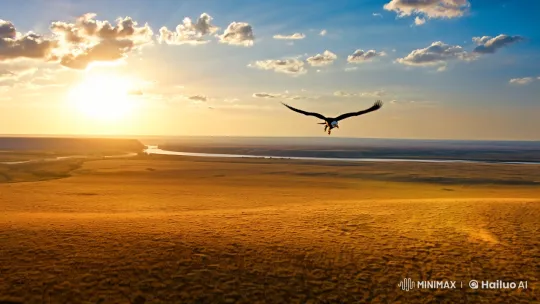 Eagle Soars Over Serene Steppe in Golden Light – AI Generated Video | Hailuo AI