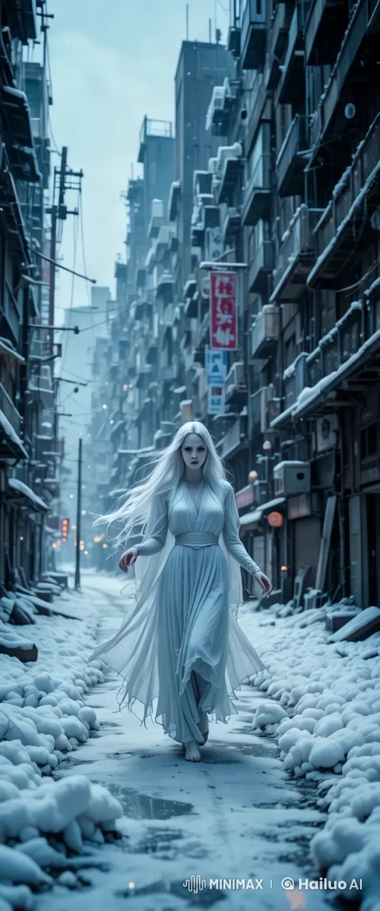 Woman Glides Through Snowy Alley in Ethereal Flight – AI Generated Video | Hailuo AI