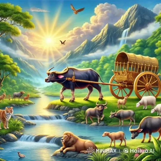 Peaceful Countryside: Animated Serenity with Buffalo and Wildlife – AI Generated Video | Hailuo AI