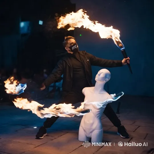 Flamboyant Fire Staff Performance Captivates – AI Generated Video | Hailuo AI