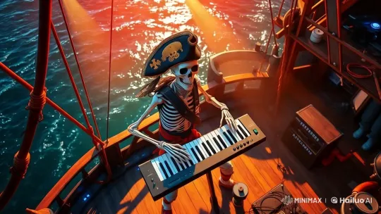 Energetic Skeleton Pirate Plays Keyboard on Golden Ship – AI Generated Video | Hailuo AI