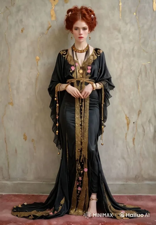 Woman in Black and Gold Gown Showcases Elegant Attire – AI Generated Video | Hailuo AI