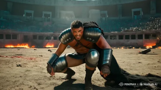Warrior's Resolute Stand in a Futuristic Gladiator Arena – AI Generated Video | Hailuo AI